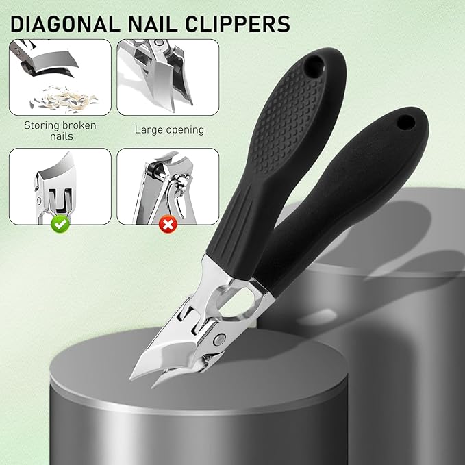 Eagle Beak Beveled Nail Clippers,Wide Jaw Opening Anti-Splash Slanted Nail Clipper,Edge Nail Clippers 3-Piece Set,Long Handle Wide Jaw Opening Anti-Splash Slanted Nail Clipper for Men Women(Black)