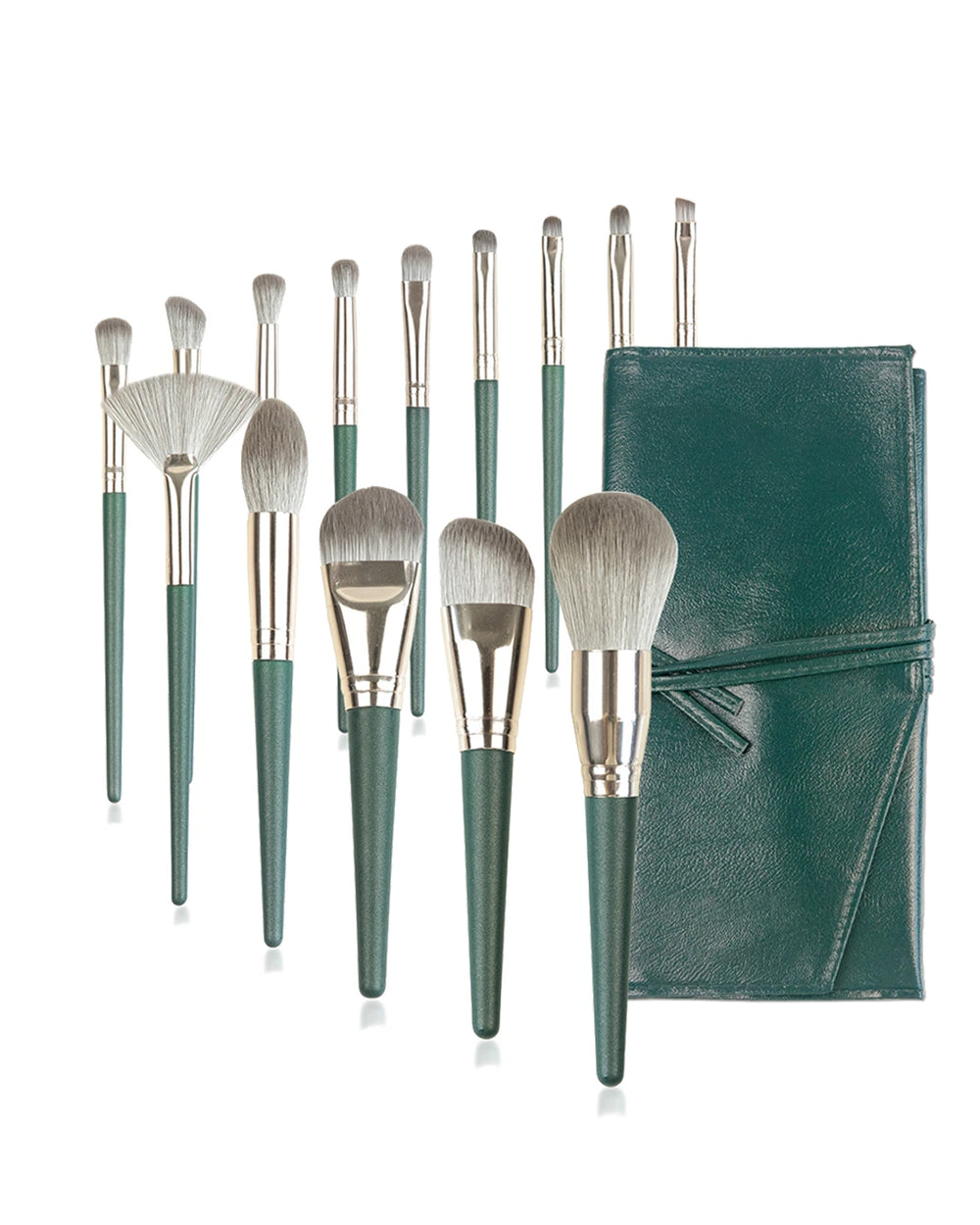 Professional Makeup Brush Set, 14 Pieces, Green Handle with Gold Ferrule, Travel Case Included