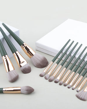 Professional Makeup Brush Set, 14 Pieces, Green Handle with Gold Ferrule, Travel Case Included