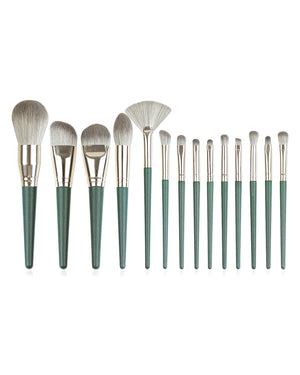 Professional Makeup Brush Set, 14 Pieces, Green Handle with Gold Ferrule, Travel Case Included