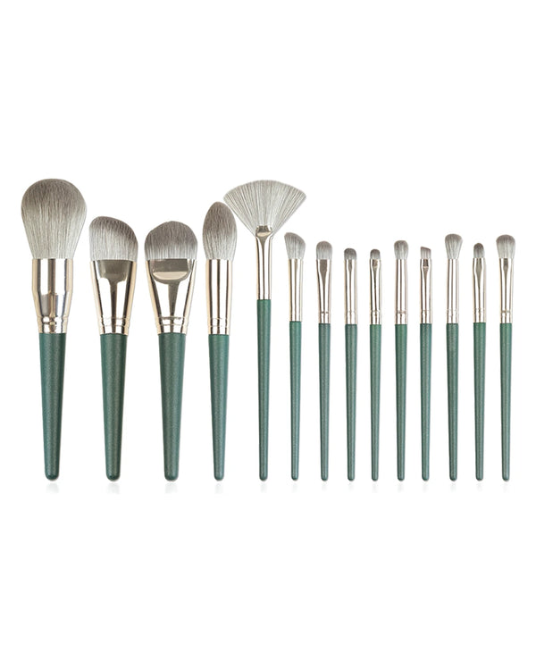 Professional Makeup Brush Set, 14 Pieces, Green Handle with Gold Ferrule, Travel Case Included