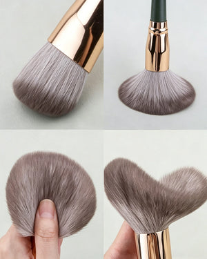 Professional Makeup Brush Set, 14 Pieces, Green Handle with Gold Ferrule, Travel Case Included