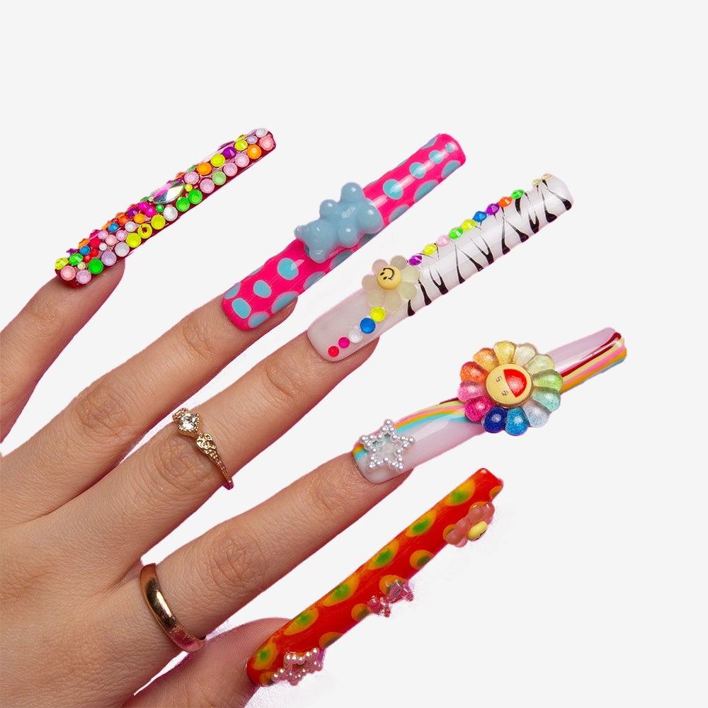 Handmade Press on Nails with Flower Design | Colorful Acrylic Stick On Nails | Reusable Full Cover Nails| 2.16in Long Square