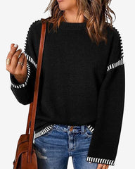 Sweaters for Women Fashion Solid Crewneck Loose Fit Long Sleeve Contrast Cable Knit Pullover